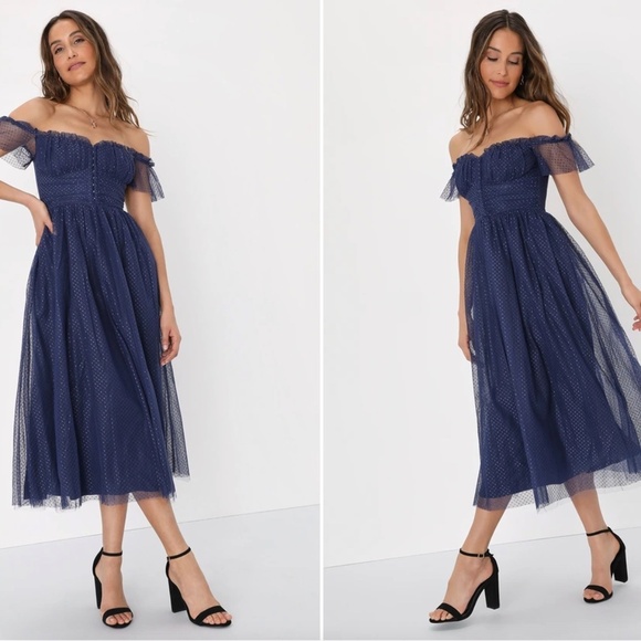 LULU's Prom Wedding Boho Corset Swiss Dot Tulle Chic Midi Dress NWOT - Picture 4 of 4